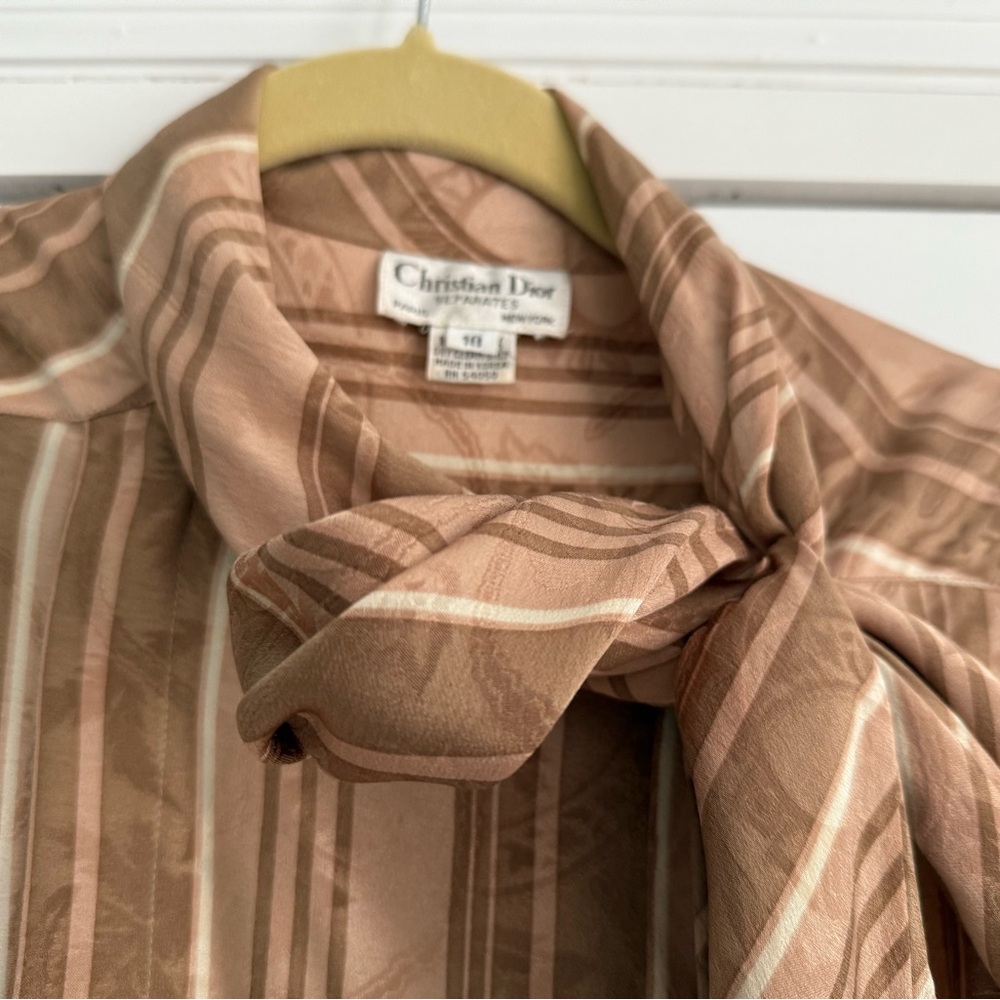 Christian Dior separates Brown Striped Blouse Silk with Bow Tie- size 10 - Picture 2 of 6
